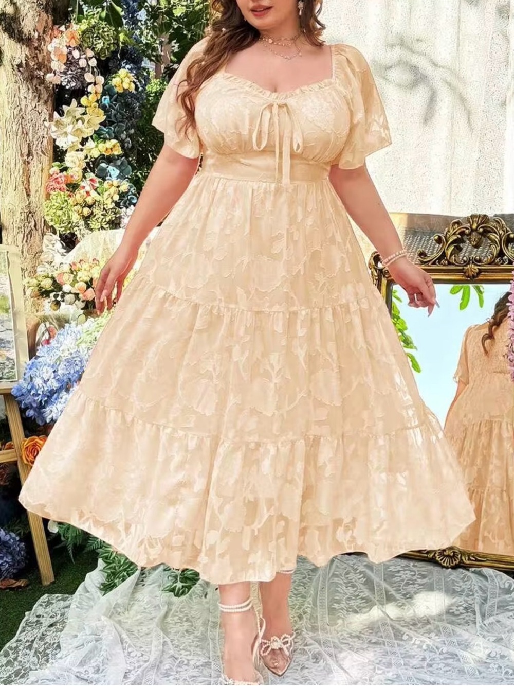 SHEIN CREAM SMOCKED EMPIRE WAIST MAXI DRESS